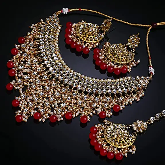 Indian Traditional Kundan & Pearl Drop Bridal Dulhan Necklace Earring with Maang Tikka Jewellery Set for Women
