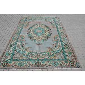 Vintage Turkish Rug Classic Blue Beige 6.2x9ft Patchwork Design Flat Weave Wool Material Latex for Living Room Decorations - Product Image 1