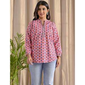 Blusa de Mujer con Estampado Floral Rosa, Corte Holgado, Popelina de Algodón Butti, con Cuello de Lazo, Botones Frontales, Largo, Talla XL, para Primavera/Verano - Product Image 1