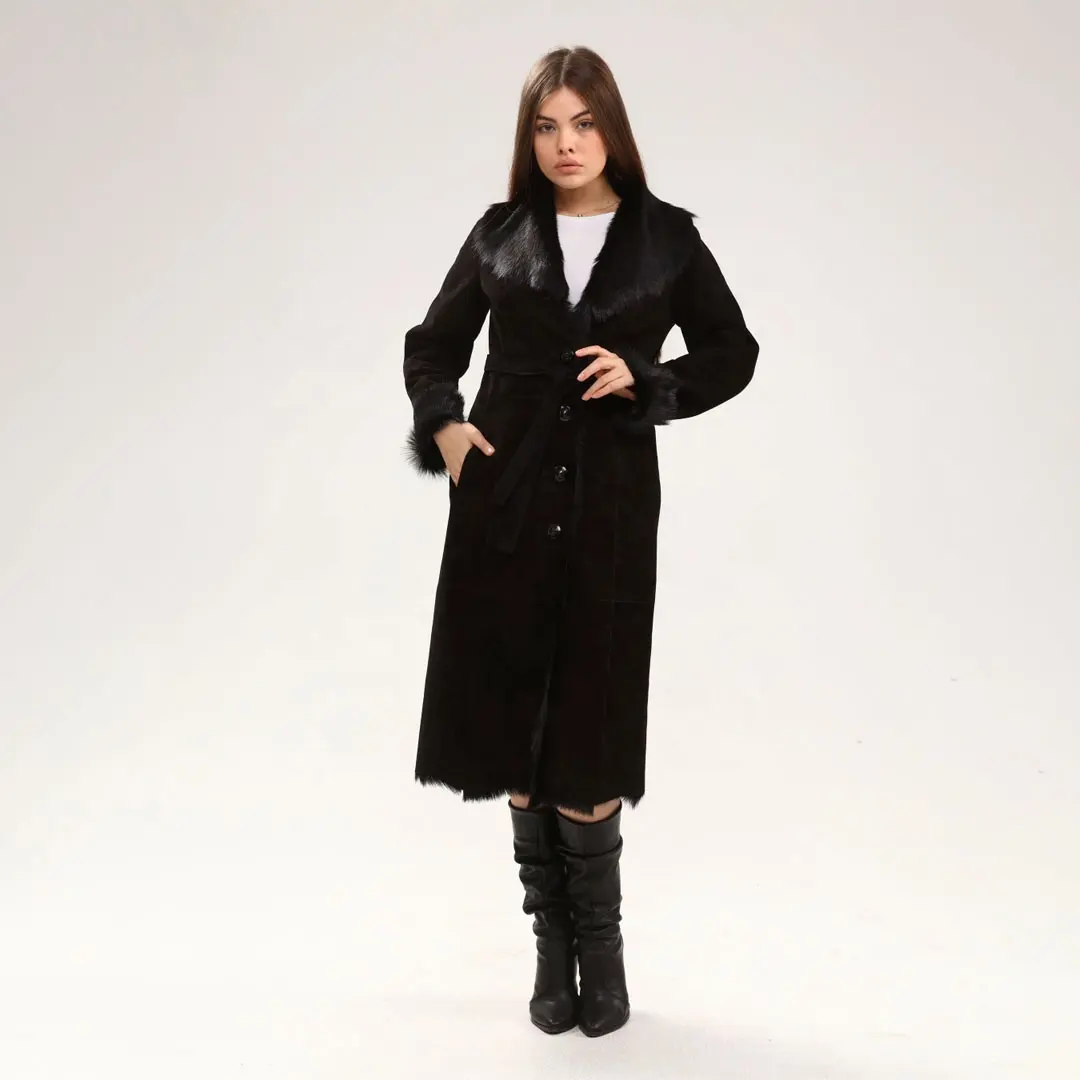 Genuine Suede Fur Collar Black Women's Coat Natural Leather New Season Luxury Autumn Winter Best Quality Style Clothing