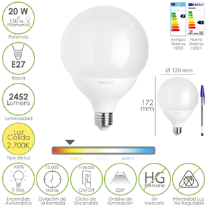 Lampadina LED Globo E27 20 Watt. Corrisponde a 150 Watt. 2452 Lumen. Luce Calda 2700o. K. - Product Image 1