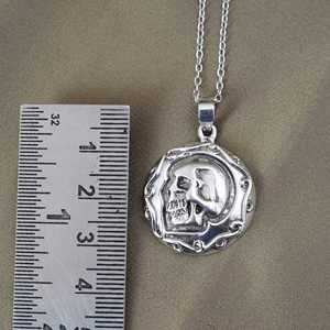 2026 New Fashion Gothic Skull Pendant Necklace Brass Jewelry Men Oxidized Silver Finish Biker Round Coin <b>Charm</b> Wholesale - Product Image 4