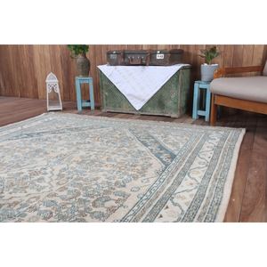 Tapis vintage 6,7x9,5 pieds, tapis turc, tapis géométrique beige en laine - Product Image 5