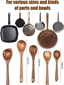 Cuillères de cuisine en bois, ensemble d'ustensiles de cuisine pour le service, cuillère en bois d'acacia, ustensiles de cuisine essentiels pour l'appartement, coin en bois - Product Image 2