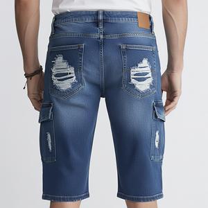 Shorts en jean longs coupe-vent de style hip-hop sur mesure pour l'été, logo brodé de haute qualité, déchirés, jorts pour hommes - Product Image 5