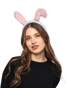Phong cách ngọt ngào đào tai thỏ Headband Pink & White với ngọc trai vải và Polyester hairband - Product Image 2