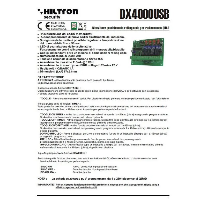 صنع في إيطاليا من HILTRON مكونات نظام الإنذار 4CH الرمز المتداول جهاز التحكم عن بعد مع USB تتوفر ملصق خاص