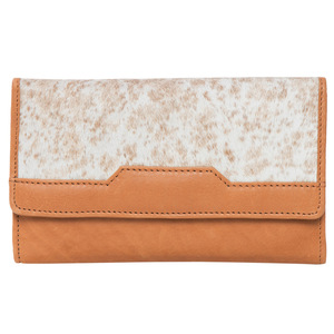 Speckly Luxury Tan White Cowhide Portefeuille à trois volets Fermeture à glissière Bouton Wristlet Fermetures Logo personnalisé Sacs à main avec pompon Polyester - Product Image 2