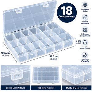 Boîte de rangement pour bijoux en plastique transparent à 18 compartiments, couvercle à loquet, passe au lave-vaisselle, pour perles, artisanat, petites pièces, 19,3x10,6x2 cm - Product Image 4