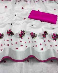 Blanco puro Lino Slub Sari bordado a mano espejo India trabajo pesado borlas contraste blusa a juego festivales indios fiestas - Product Image 3