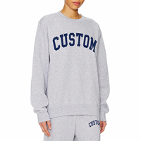 Conjunto de Sudadera y Pantalones Deportivos Personalizados para Mujer, Color Gris Jaspeado, Bordado, con Estampado de Arco Colegial y Letras Azul Marino, Cuello Redondo, Tejido de Algodón