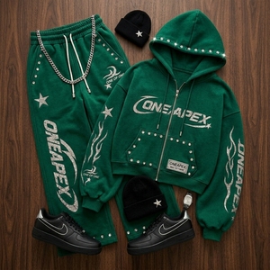 Conjunto de Sudadera con Capucha y Pantalones Deportivos con Gráficos de Diamantes de Imitación Verdes, Estilo Urbano, Dos Piezas, Venta al Por Mayor - Product Image 3