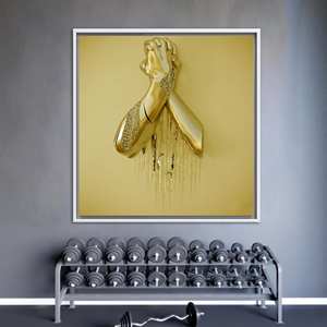 Tableau sur toile imprimé abstrait moderne à motifs métalliques dorés - Décoration contemporaine, encadré blanc - Product Image 1