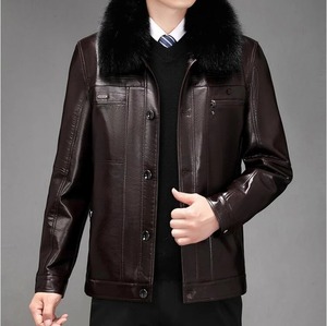 Vêtements d'extérieur d'hiver à manches longues pour hommes Veste en cuir PU avec col en fourrure de mouton Tissu en toile - Product Image 4
