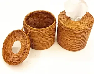 Handmade Natural High Quality Rattan <b>Round</b> Tissue <b>Box</b> Handwoven OEM Designs Customized Roll Holder Toilet Paper Cover Dispenser - Product Image 5