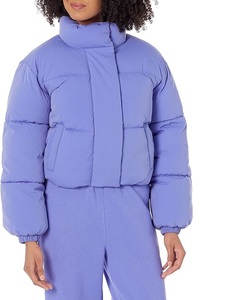 Women's Long Sleeve <b>Quilted</b> Matte Sherpa Fleece Cropped Full-Zip Puffer Jacket <b>Double</b> Breasted Button Fancy Hooded Winter - Product Image 1