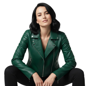 Blouson de moto en cuir vert sur mesure, vente en gros, quantité en vrac, directement de l'usine, style motard, veste tendance pour femmes, OEM ODM - Product Image 1
