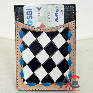 Tarjetero de cuero a mano de estilo occidental con fundas para tarjetas personalizadas a cuadros en blanco y negro al por mayor para hombres y mujeres - Product Image 1