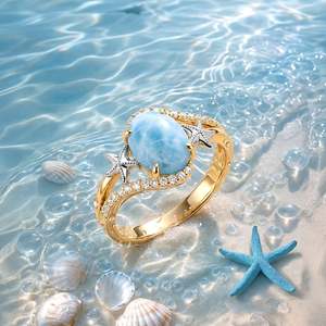 Jeulia Gold Swirl Oval Larimar <b>Ring</b> with Dual Starfish-Fashionable <b>Statement</b> Jewelry for Women - Product Image 4