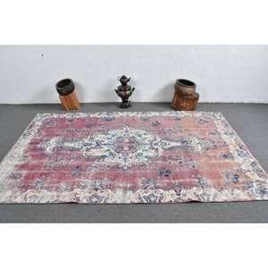 Vintage Turkish <b>Rug</b> 5x8.3ft Red Beige Large Area Woolen Patchwork Design Latex Backing for <b>Hallway</b> Bedroom Rectangular Shape - Product Image 3