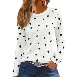 Women's Customized Color Knitted Lined Long Sleeve Heart Print Casual Crew Neck Soft <b>Tops</b> High Quality <b>Silk</b> Screen Printed - Product Image 1