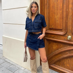Falda de <span class=keywords><strong>traje</strong></span> de mezclilla de trabajo, trajes de mezclilla de manga corta con cuello en V de verano <span class=keywords><strong>para</strong></span> <span class=keywords><strong>mujer</strong></span> - Product Image 4