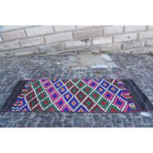 Alfombra turca de 2.5x7 pies, alfombra vintage, alfombra Kilim con diseño de plantas y árboles azules - Product Image 3