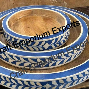 Ensemble de 3 bols et plateaux de service en bois de mangue naturelle écologique avec motif incrusté d'os pour les plats et les assiettes de service - Product Image 1