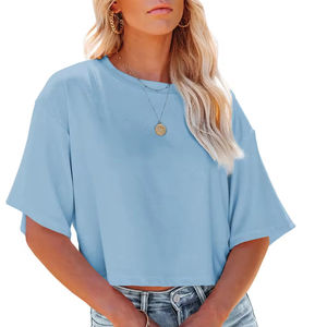 Camiseta corta con cuello redondo para mujer, ropa de calle, Tops cortos de punto liso, Camiseta holgada para mujer, camisetas informales multicolores para mujer - Product Image 6