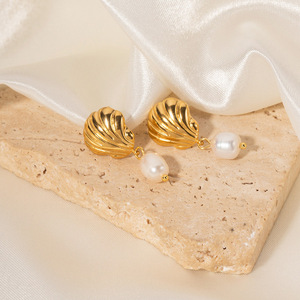 Pendientes de Acero Inoxidable Chapados en Oro de 18K, Estilo <span class=keywords><strong>Playa</strong></span>, Resistentes al Agua, con Perlas de Agua Dulce y Diseño de Concha, para Mujer - Product Image 4