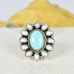 Anillo ajustable hecho a mano de turquesa y plata de ley, anillo llamativo de nácar para mujer - Product Image 4