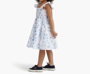 Designer 2026 Beach Casual Nap Dress Girls <b>Elasticated</b> Smocking Ruffled Shoulders Mid-Calf Skirt 100% Cotton Floral Summer - Product Image 2