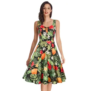 OEM Women Pineapple Pattern A-Line Retro Ladies Button Sleeveless Vintage Dress