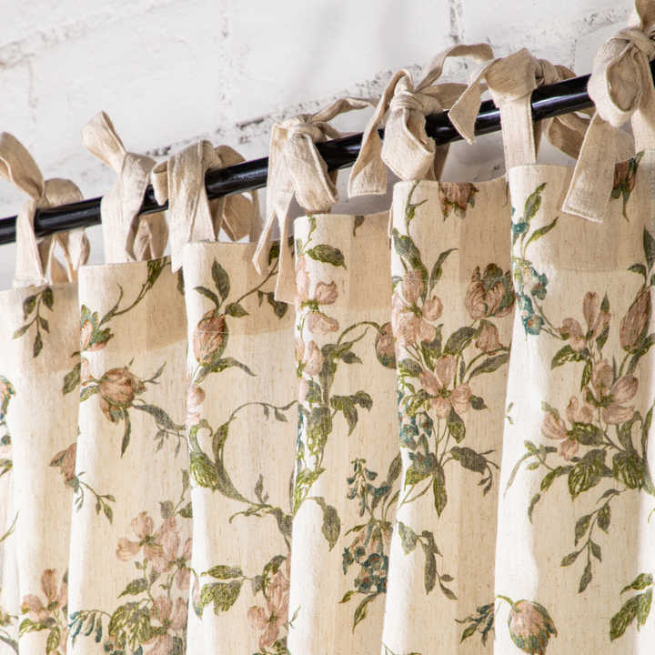 Vintage-Inspired Tie-Top Viscose Linen Curtain with a Garden-Fresh Floral Print for a Soft and Romantic Country Style