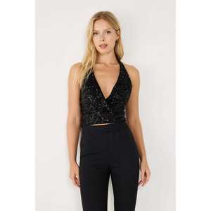 เสื้อผู้หญิงสีดำ แต่งเลื่อม คอวี ปักลายด้านหน้า คอระบาย ไหล่เฉียง สไตล์ลำลอง ไซส์ XL ผ้าโพลีเอสเตอร์ถัก - Product Image 2