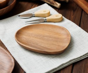 Assiette à gâteau classique en bois d'acacia écologique, plats à fruits, assiettes à dessert, assiettes à dîner en bois faites à la main pour la vente en gros et la meilleure qualité - Product Image 5