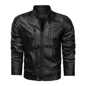 Chaqueta de invierno de estilo callejero para hombre, cuello levantado y tela de lona de cuero genuino negro cálido, abrigo de invierno teñido liso para caballero - Product Image 4