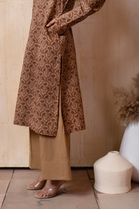 DHOOP CHAAV marron coton bloc à la main 3 pièces ensemble décontracté imprimé fleuri robe pour adolescents taille naturelle organza creux - Product Image 2