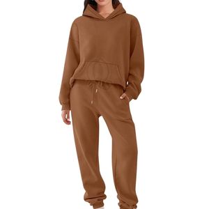 Chocolate Brown Tracksuit Women Heavyweight Fleece Oversized Hoodie Jogger Pants Set Custom Streetwear - Product Image 5