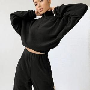 2023 femmes velours costume ensemble sweat fermeture éclair col fermeture éclair et col haut costume décontracté 2 psc ensemble tenues - Product Image 2