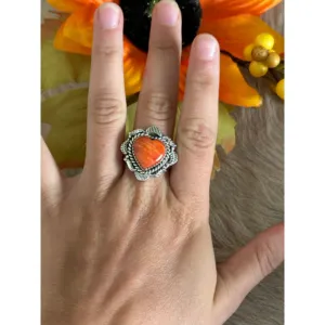 Southwest Handmade Spiny Oyster & Sterling <b>Silver</b> <b>Adjustable</b> Heart <b>Ring</b> Rose Gold Plated Bezel Set One Size Gift - Product Image 2
