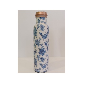 Bouteille en cuivre finition émail bleu floral vintage, pichet en cuivre pur fait à la main en Inde, bouteille d'eau de sport étanche - Product Image 1