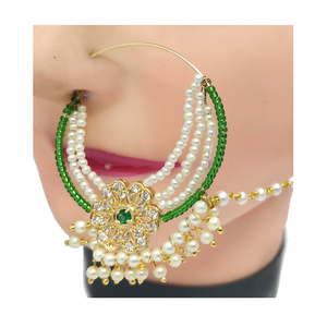 Indian Mores Green White Stone <b>Studded</b> Three Layer Nath <b>Nose</b> Ring Traditional Bridal Ethnic Jewelry for Girls Women - Product Image 1