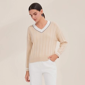 Pull en maille décontracté pour femme, col en V, manches longues, 100% coton, luxueux, automne-hiver - Product Image 6