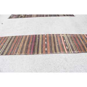 Vintage Kilim Runner Rug 2.3x12.7 ft (71x388 cm), Turkish <b>Brown</b> Persian <b>Wool</b> Rug - Product Image 3