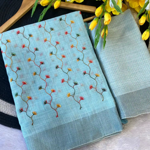 Magnifique tenue décontracté en lin bleu ciel rose couleur Saree pour mariage fête Festival porter pour femmes fille avec chemisier fantaisie ethnique - Product Image 2