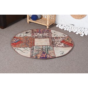 Alfombra turca Vintage de 3,4x3,4 pies, Alfombra de lana tejida plana roja y Beige con respaldo de látex para decoraciones de sala de estar - Product Image 3