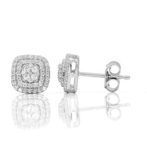 Round Diamond Two Line Halo Prong <b>Set</b> <b>Stud</b> <b>Earrings</b> - Product Image 1