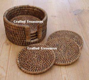 <b>Set</b> of 6 Durable Quality Indian Made Rattan <b>Coasters</b> <b>with</b> Round Shape and <b>Holder</b> Mats & Pads Exported From India - Product Image 1