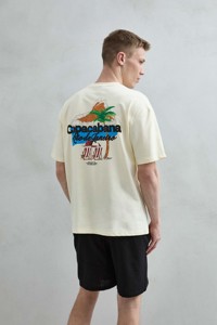 T-Shirt Regular Fit in Cotone 100% Beige Chiaro - 240g, Manica Corta, Stampa Floreale Copacabana, Stile Casual Tropicale - Product Image 4